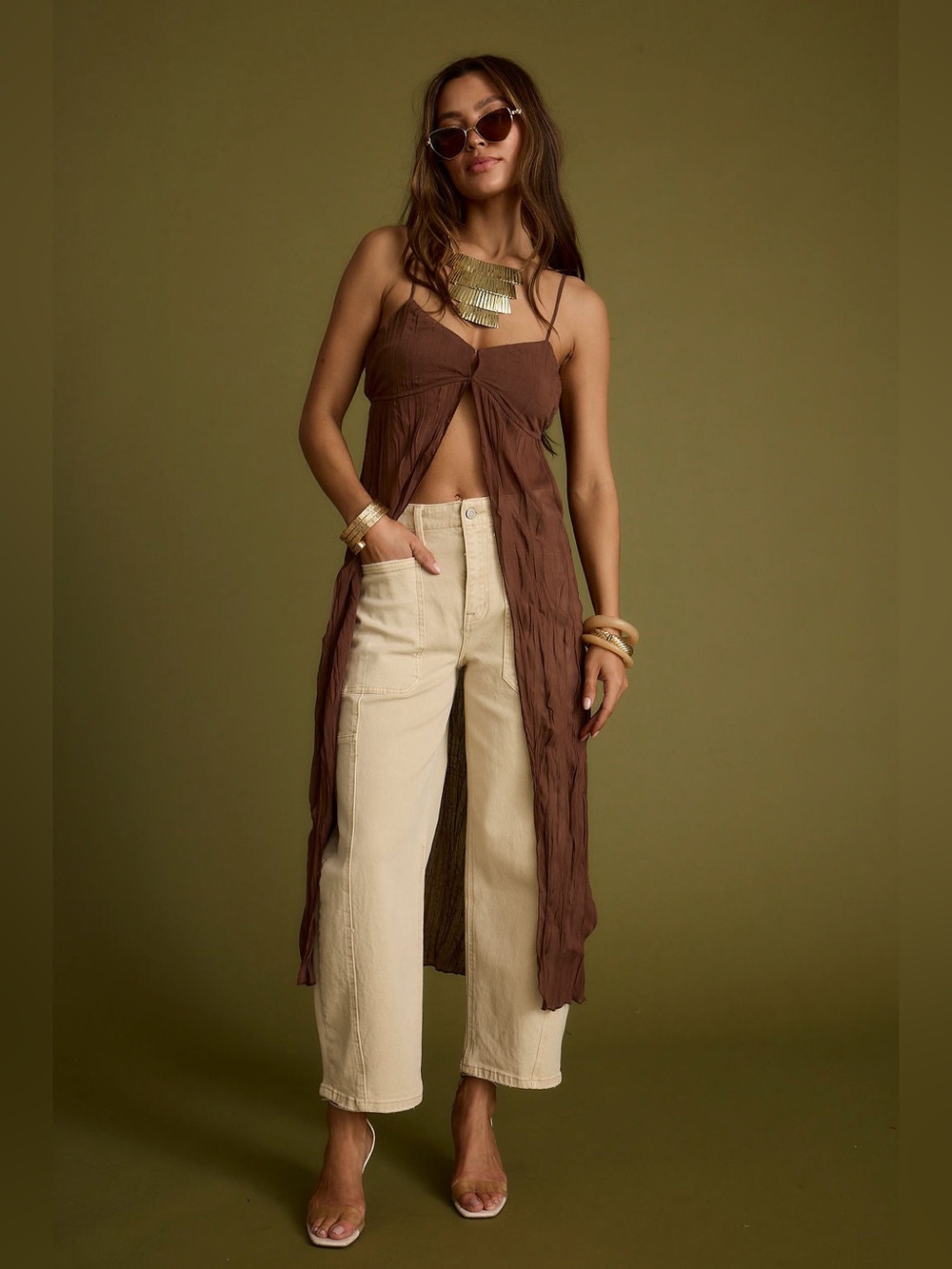 12th Tribe Mischa Brown Longline Cami Top in Brown - Size XS - Picture 2 of 14